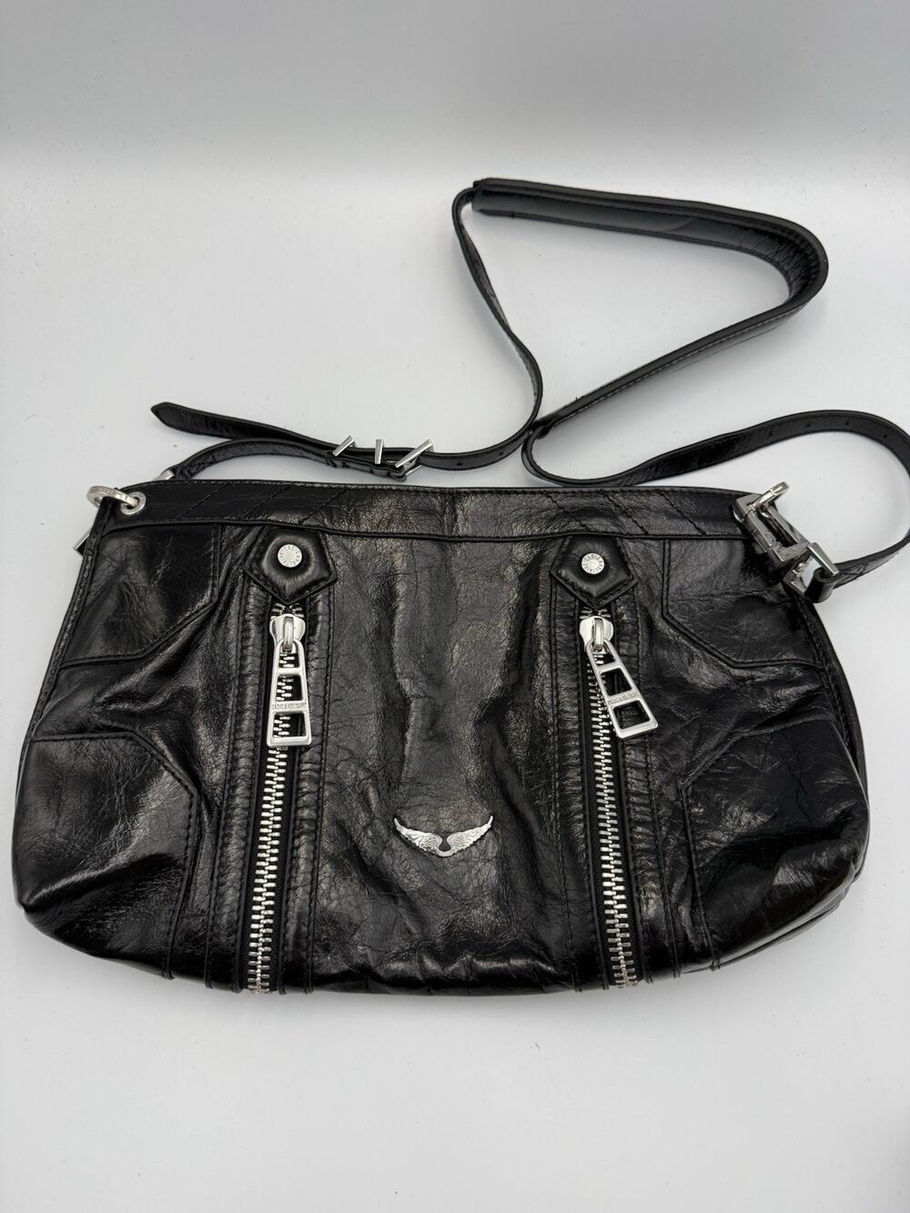 Zadig & Voltaire Black Distressed Leather Crossbody Bag with Wings Logo